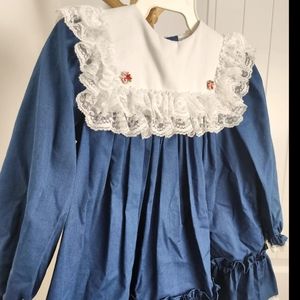 Vintage 80s 90s Baby Dress Prairie Blue Collared Ruffle Southern Long Sleeve